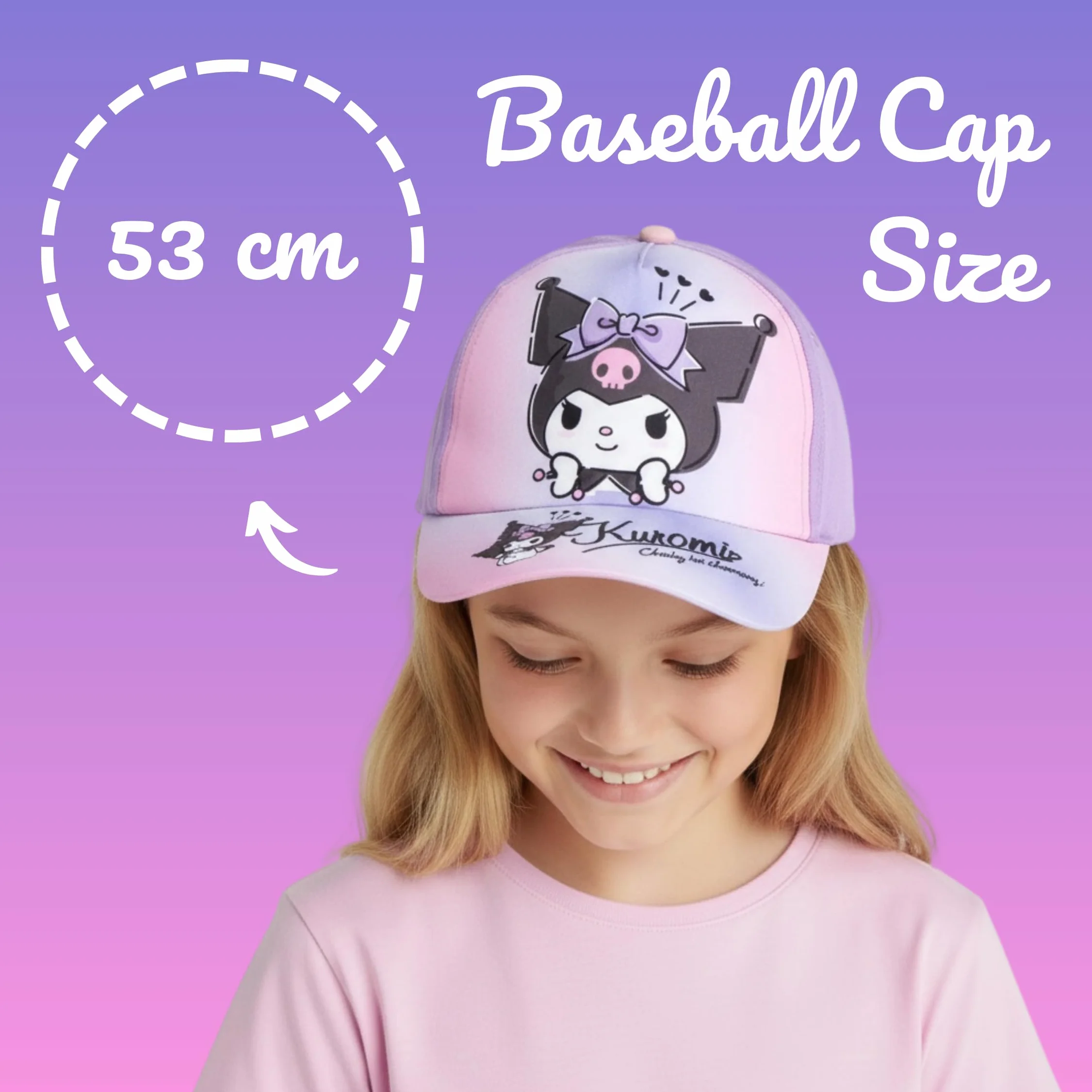 Hello Kitty Kuromi Set da Cappello da Baseball e Occhiali da Sole per Ragazze, Occhiali da Sole con Protezione UV, Berretto per Bambine