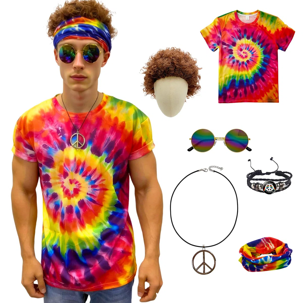 Costume hippie da uomo e donna, set da 60 anni '70, maglietta hippie, parrucca per occhiali, collana per la pace, per cosplay, carnevale, feste a tema, Halloween