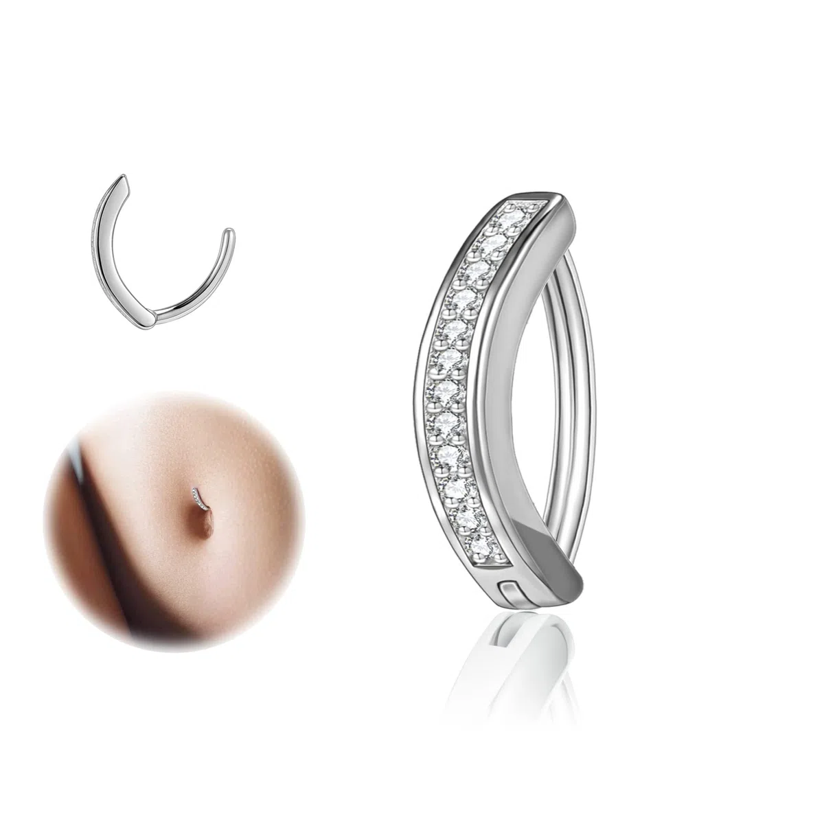 ZS 14G Clicker Piercing Ombelico per Donna, Argento 925 Anelli per Ombelico con Bilanciere Diamanti Inverso Curvo Piercing Banana Gioielli per il Corpo