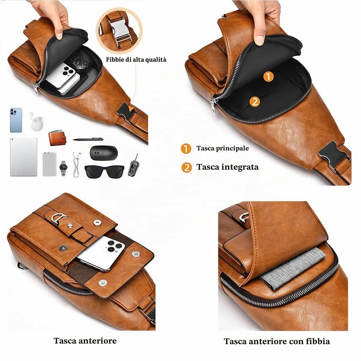 Borse a spalla da uomo,Borsello Tracolla Zaino Monospalla Pelle Borsa a Tracolla Piccolo Impermeabile Spalla Sling Bag (Marrone Chiaro 1)
