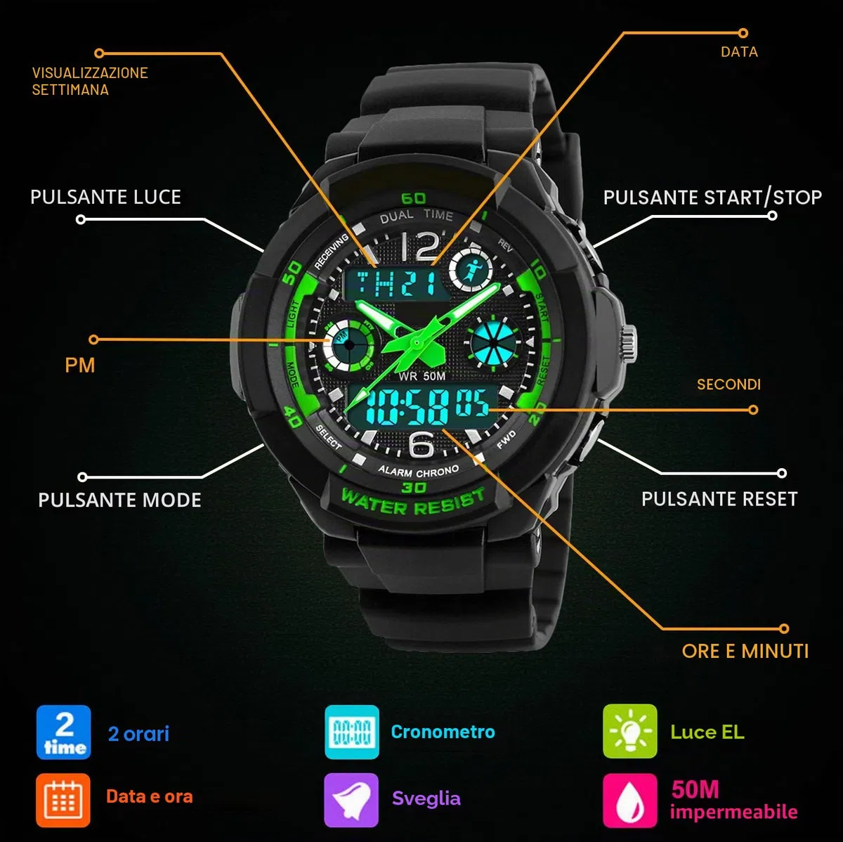 Digitale orologi per bambini ragazzi - 50 m impermeabile sport all' aria aperta orologio analogico con allarme/timer/Dual Time zone/LED, per bambini da polso resistente agli urti per Junio