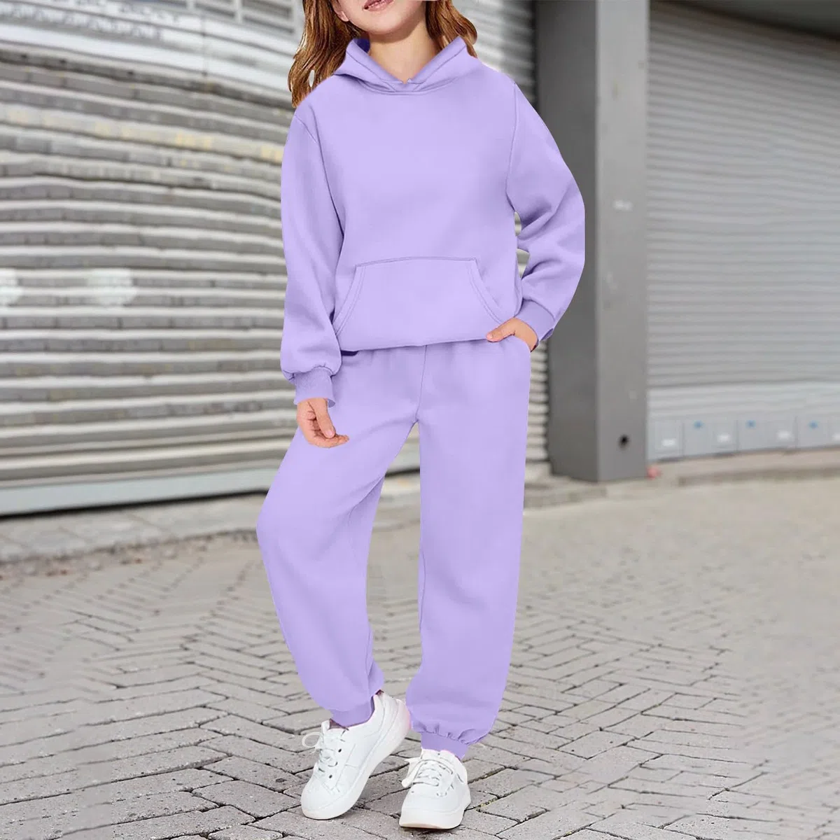 Set di 2 pantaloni della tuta in cotone per ragazze, pantaloni da jogging, felpe con cappuccio in pile, per adolescenti e bambini, tinta unita, felpe, tute, abbigliamento sportivo casual caldo
