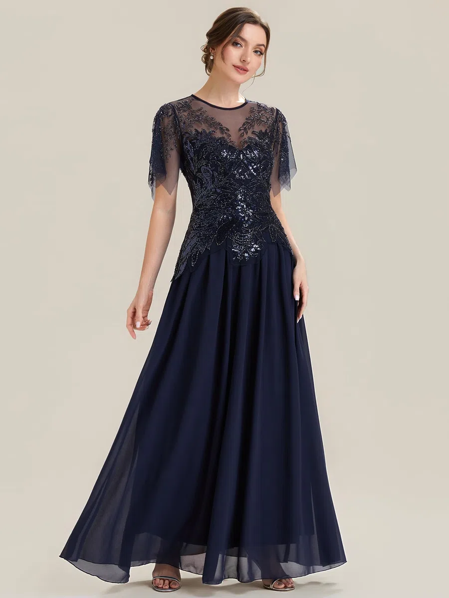 Ever-Pretty Abito Cerimonia Donna Collo Rotondo Maniche Corte Paillente Maxi Gonna Svasata EE02675
