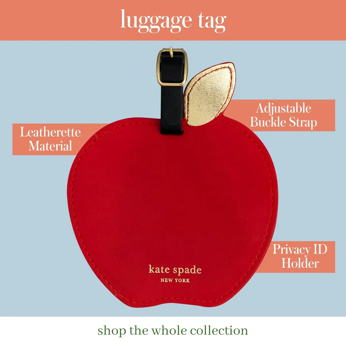 Kate Spade New York Round Red Vegan Leather Luggage Tag for Women, Durable Suitcase ID Tag, Apple