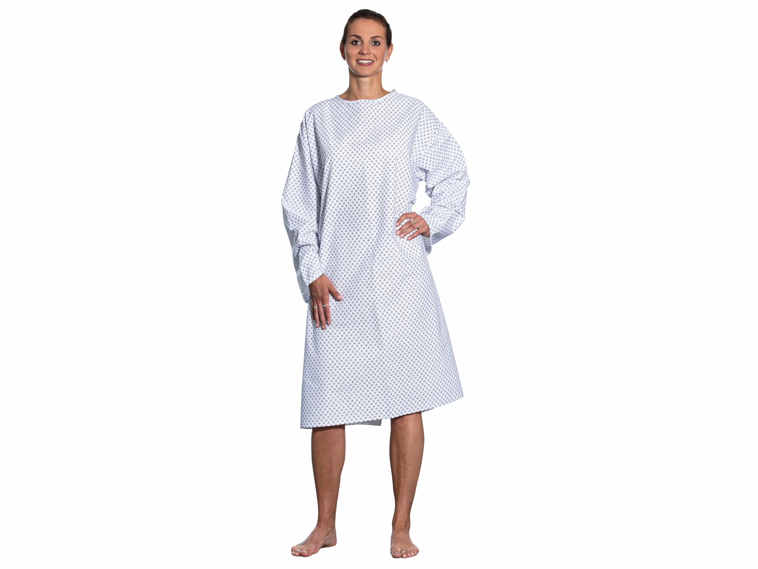 ZOLLNER Camice paziente - con Maniche Lunghe e Laccetti - lungehzza 110 cm - Bianco/Blu - Unisex - Materiale Misto - Lavabile a 95°C - Retro Aperto - Certificato Oeko-Tex