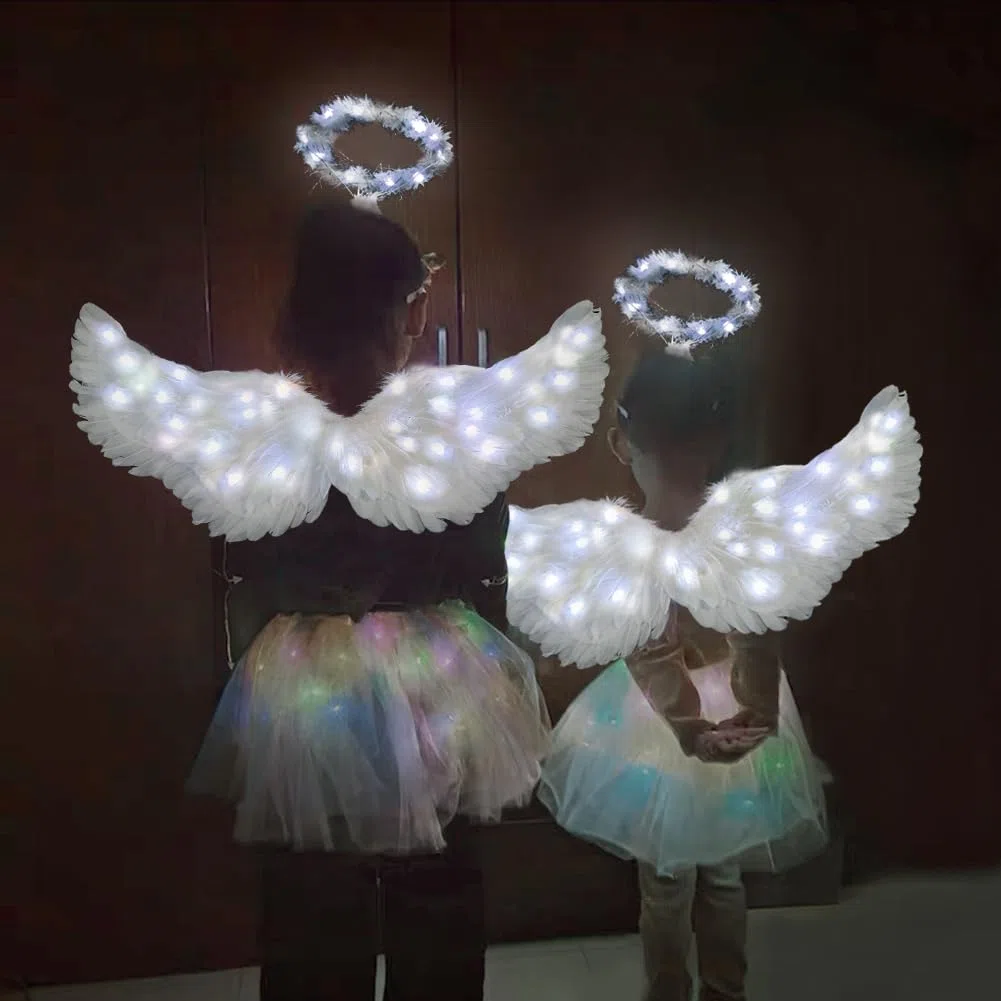 Ali d'Angelo, Ali d'Angelo Illuminate e Aureola, con Luci LED, 3 modalità di Illuminazione, Costume da Angelo Bianco, per Halloween, Natale, Cosplay, Feste