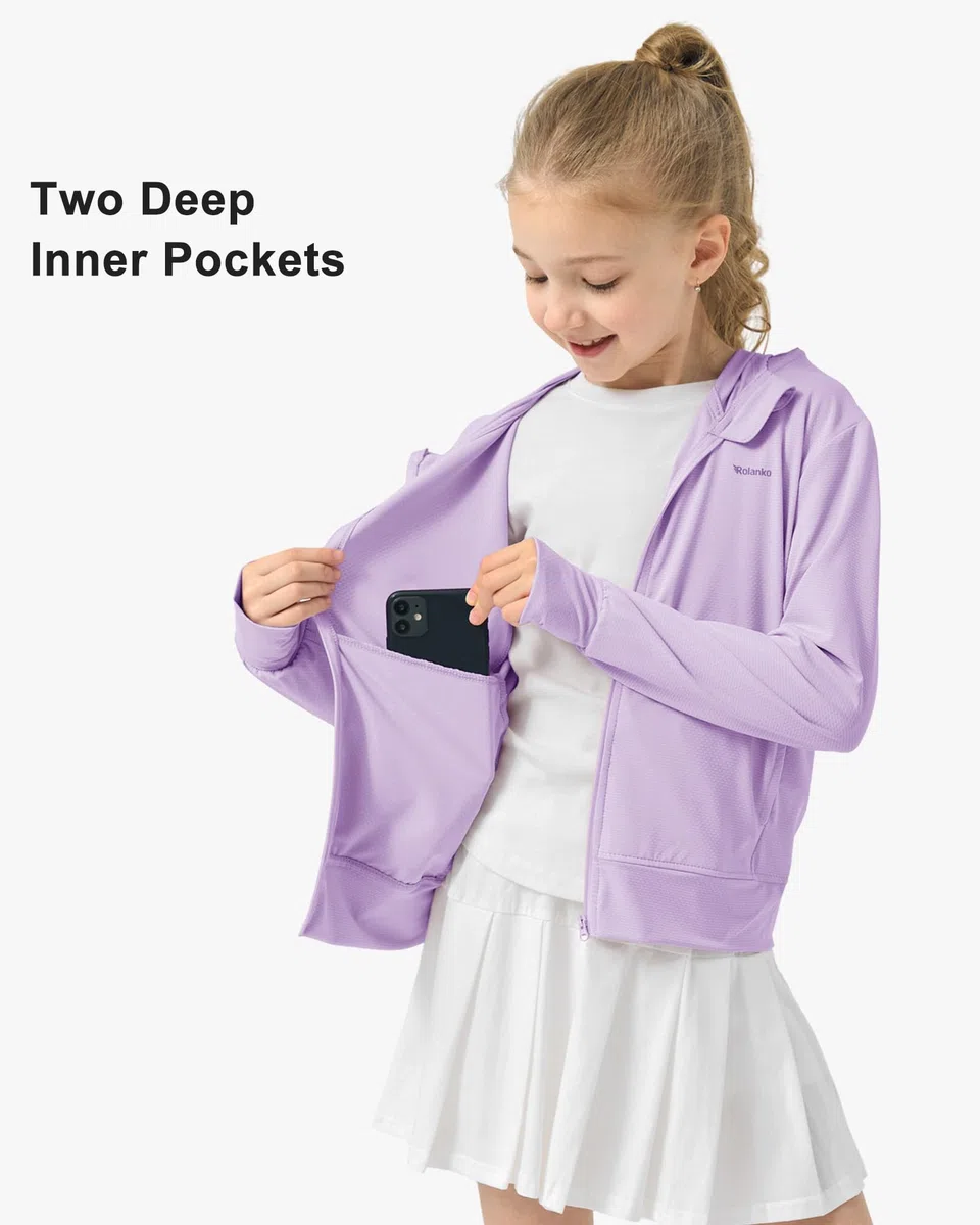 Rolanko Giacca Estiva per Ragazze con Fori per i Pollici Manica Lunga Protezione Solare Asciugatura Rapida Felpa con Cappuccio con Cerniera Top Rash Guard per Bambini
