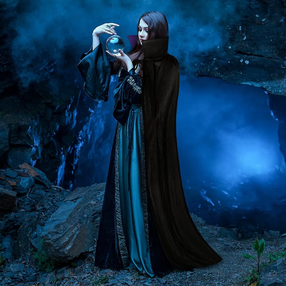 AOOWU Mantello a doppio strato per Halloween, costume da vampiro, unisex, mantello da strega, cosplay, mantello a lunghezza intera, per feste in famiglia, 150 cm