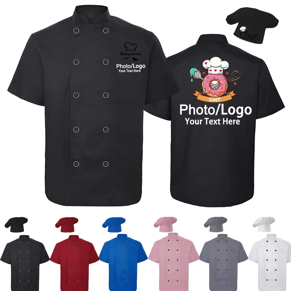 Giacca da Chef Personalizzata Uomo/Donna con Cappello, Logo e Nome – Divisa da Chef Personalizzata, Maniche Corte, Camicia da Lavoro per Pasticceri con Tasca