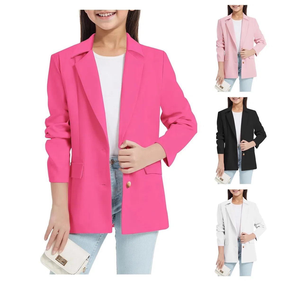 Blazer Bambina Elegante Giacca da Abito Maniche Lunghe Collo a Risvolto con Tasca Interna Aperto Davanti e Casual Lavoro Ufficio Open Front Giacca Primavera Caso Giubbotto Formale Aperto per 3-14 Anni