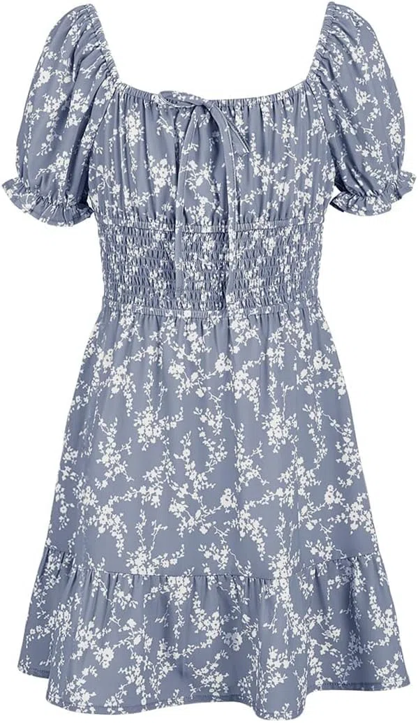 Haloumoning Vestito estivo da ragazza, a maniche corte, per bambini, con maniche a sbuffy, scollo quadrato, linea ad A, casual, per feste, matrimoni