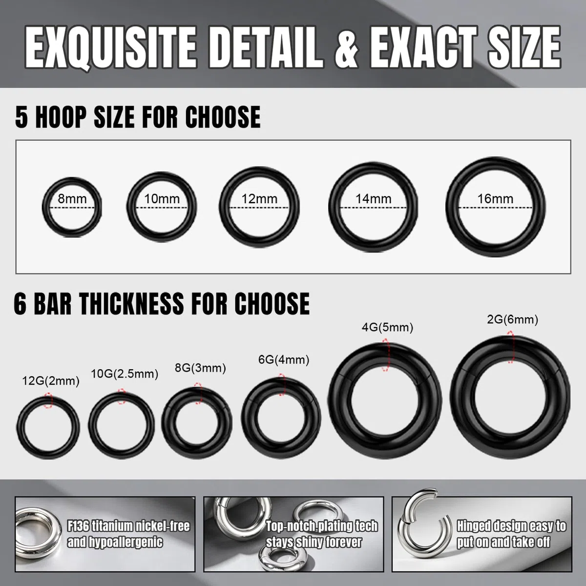 F136 Piercing nasale in titanio per setto nasale, 2G 4G 6G 8G 10G 12G Grande Clicker Piercing orecchio Helix cerchio, nero