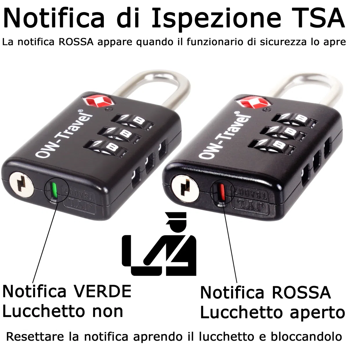 OW-Travel Lucchetto Combinazione Valigia con Indicatore di Apertura TSA per Valigie e Bagagli. Lucchetto Armadietto Palestra e Zaino. Lucchetti TSA per USA a Codice. Serratura Nera 4 Pezzi