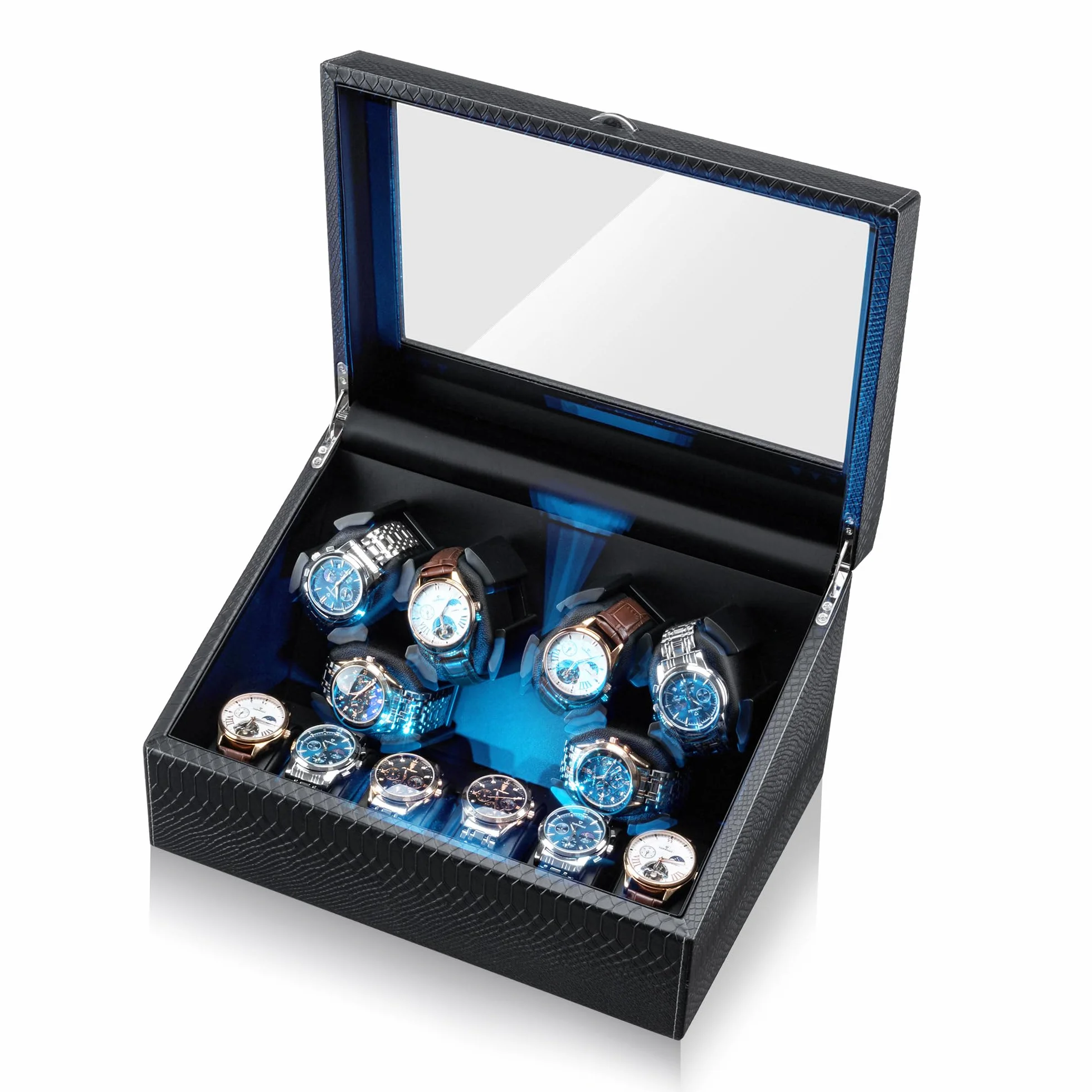 Mcbazel Carica Orologi Automatico Ultra Silenzioso con Luce LED, Scatola di Conservazione di Lusso per 6 Orologi con 5 Modalità di Rotazione e 6 Posizioni di Conservazione Aggiuntive