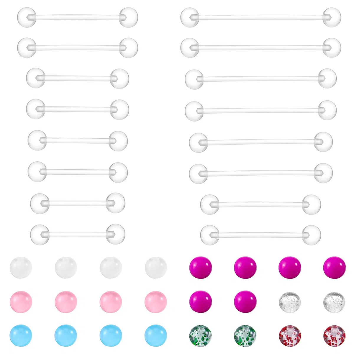 16 piercing per capezzolo in plastica, 14 G, anello per lingua trasparente, piercing lungo per capezzolo da donna, lunghezza barra 16/19/22/25/32/35/38 mm con 24 sfere di ricambio