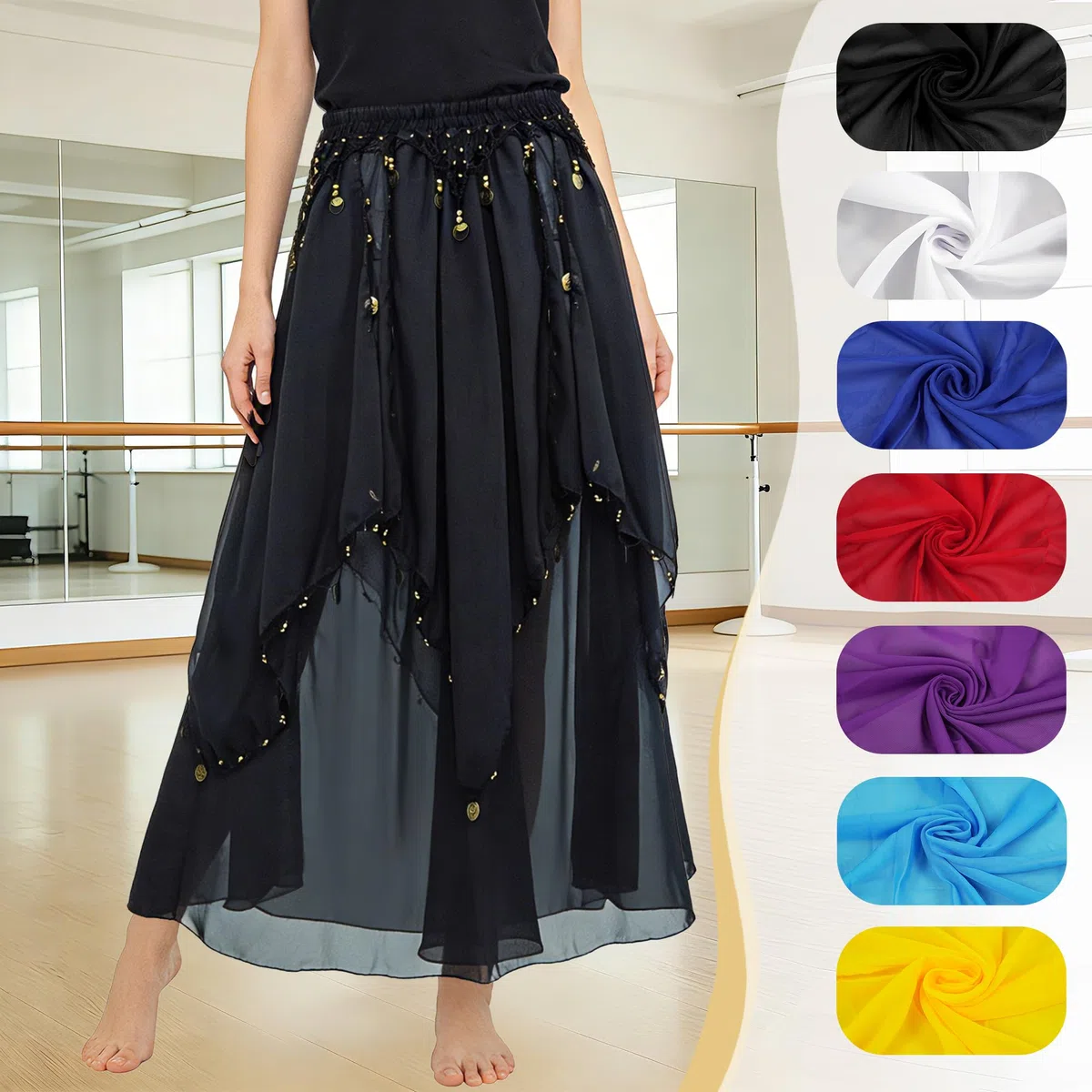 Baisdan Gonna Danza del Ventre in Chiffon con Monete Dorate, Gonna Lunga da Danza per Flamenco, Halloween, Carnevale e Spettacoli