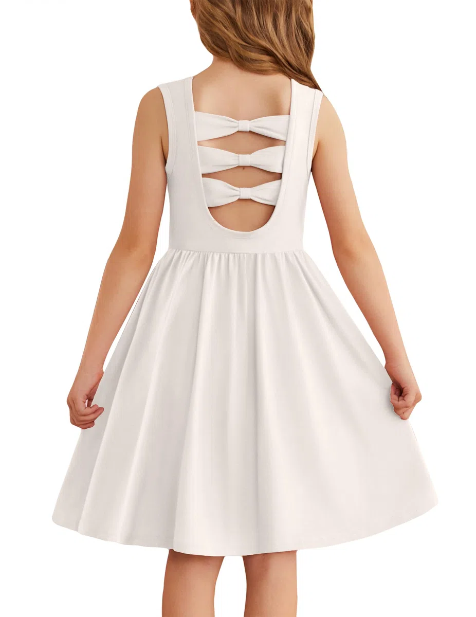 Arshiner Ragazze Abito Senza Maniche Bambini Estivo Indietro Bow Tie Vestito Cotone Casual Festivo Vestito Maniche Corte Swing Abiti da Festa per Ragazze 3-14 Anni
