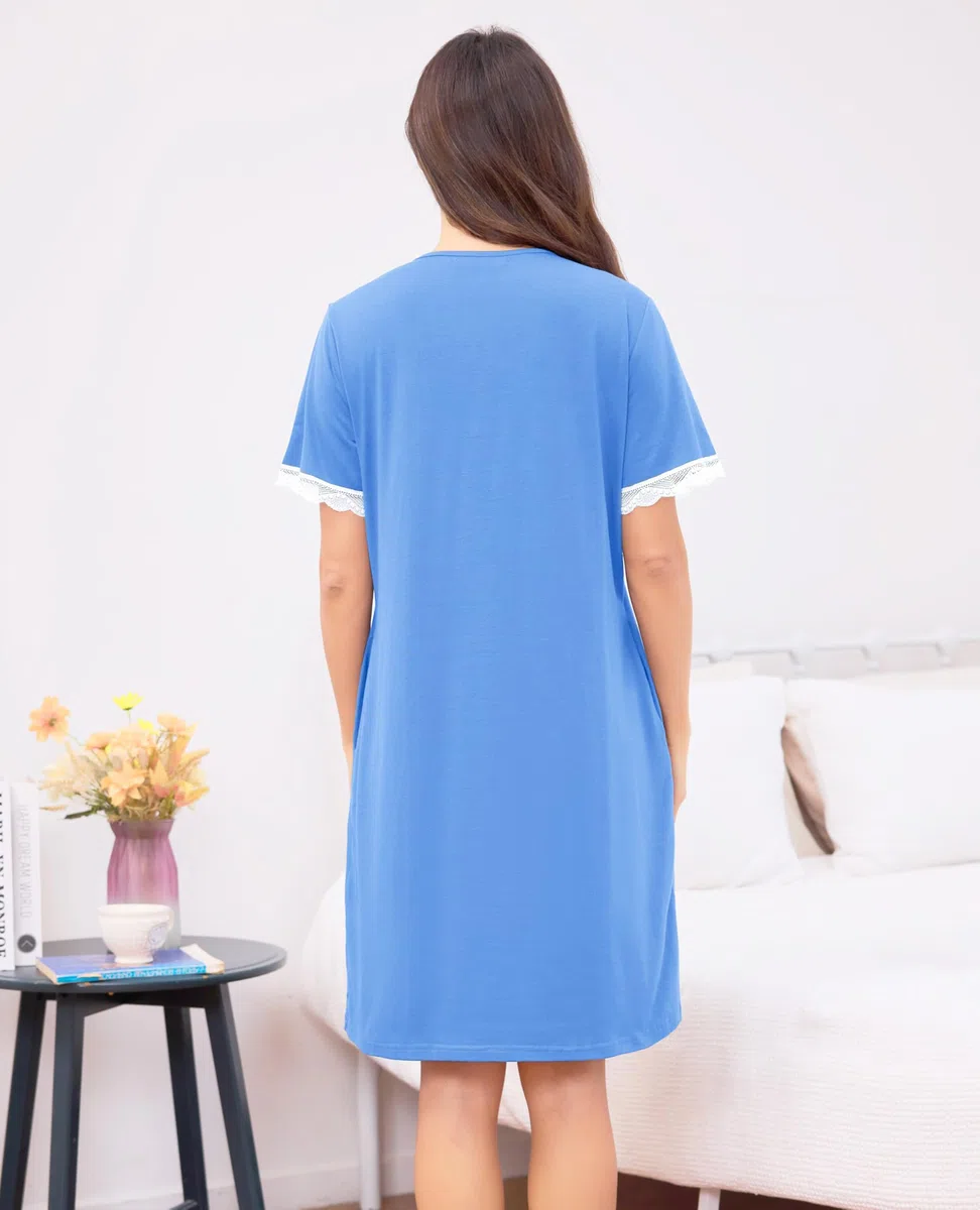 Wikoan Camicia da Notte da Donna Abito Estivo con Scollo a V e Bottoni sul Davanti Camicia da Notte con Bordi in Pizzo S-3XL