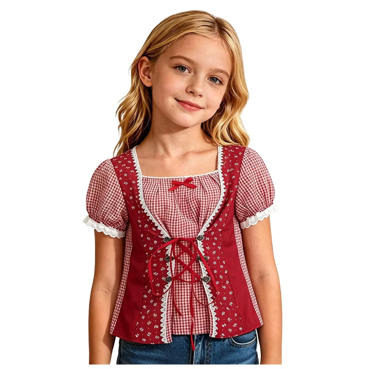 Generico Camicia Bambina A Quadri Stile Bavarese Oktoberfest Blusa Top con Volant Farfalla Brette Pizzo Maniche Corte Elegante Carina per Feste Uniforme Scolastica Uso Quotidiano