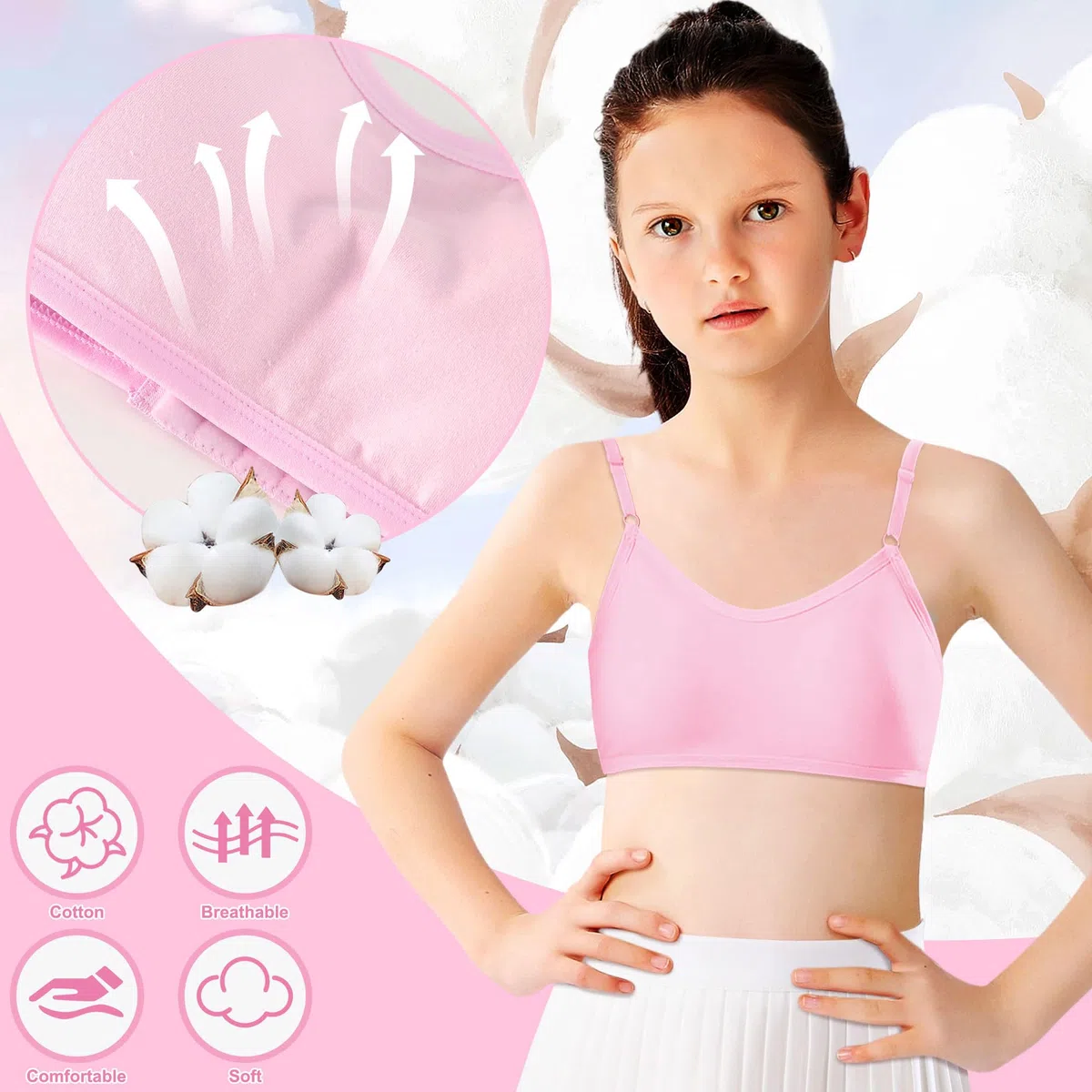 Reggiseno Ragazza Bambina Cotone Brassiere Confezione da 4 Top Intimo con Spalline Regolabili e Imbottiture Fisso Adolescenti Bustino Sportivo Basic Intima per Ragazze 10-16 Anni, Multicolore