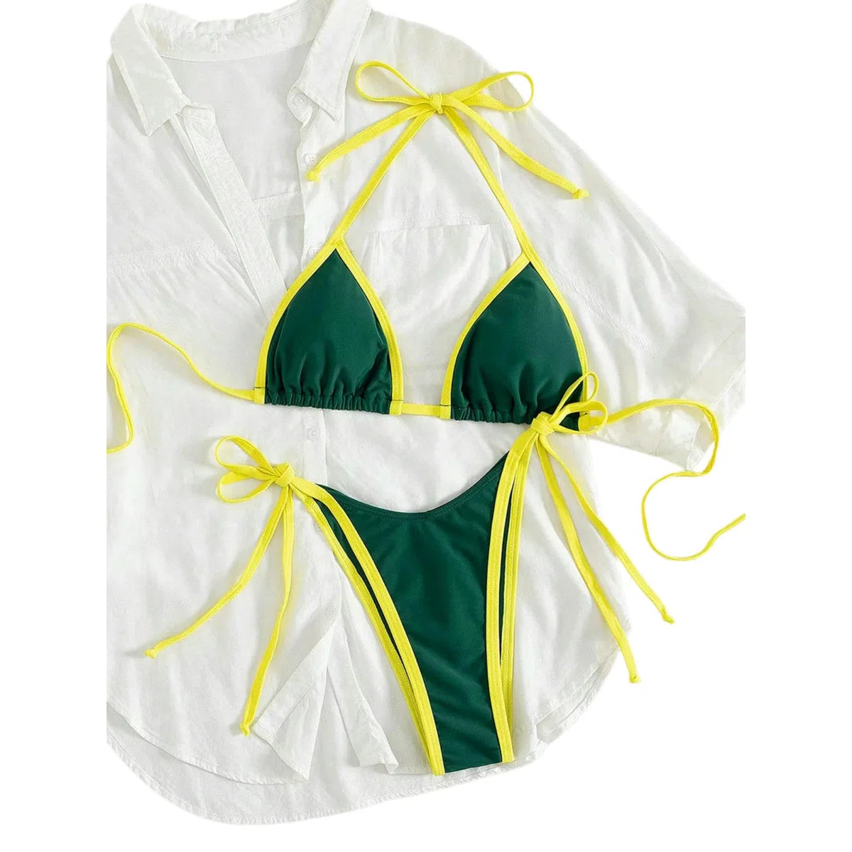 Costume Donna Nero Bianco Contrasto Bikini Halter Collo, Alta Taglio Tanga Due Pezzi Costumi da Bagno, Sexy Mini Bagno per La Spiaggia Piscina Vacanza-yellowgreen-s