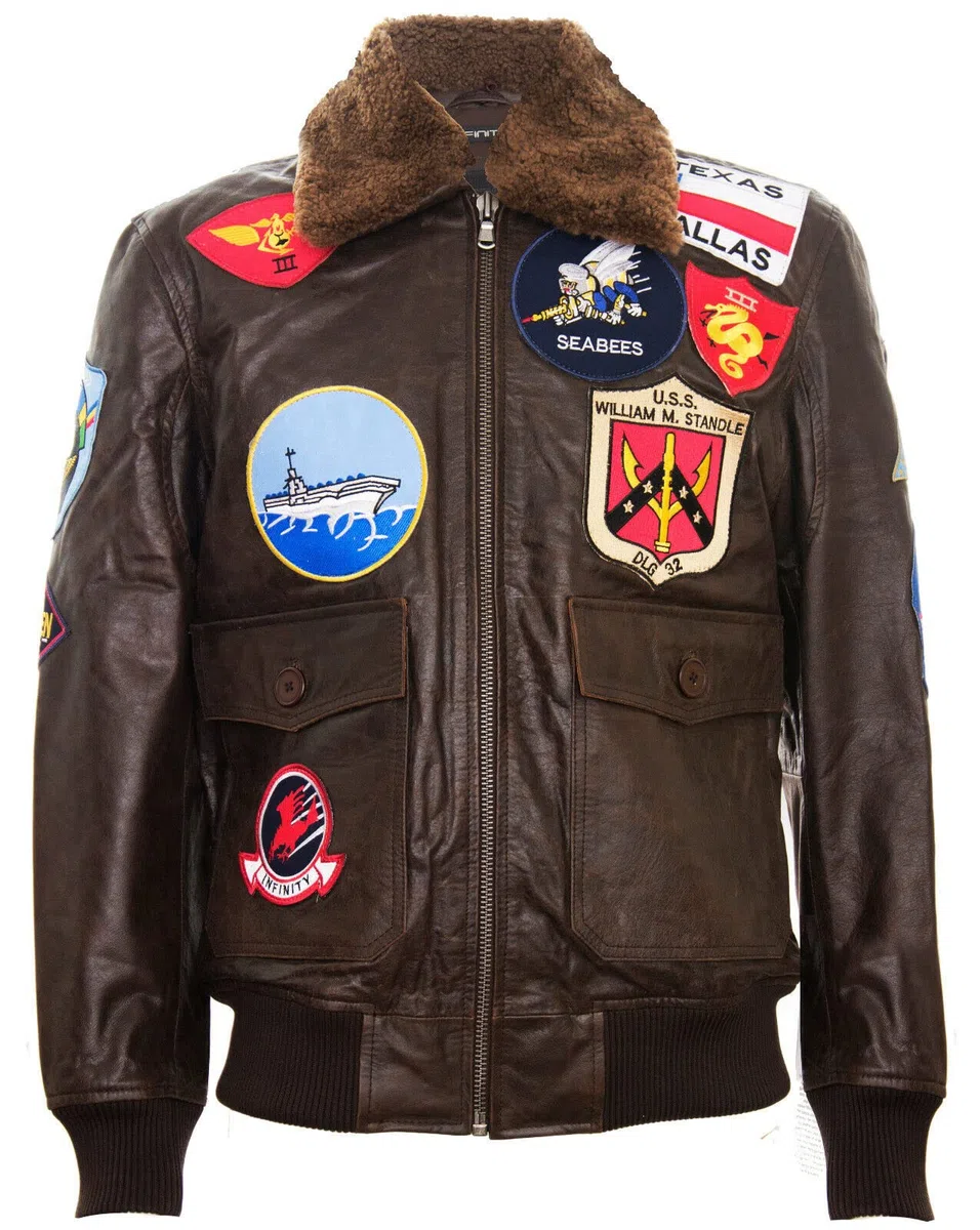 Infinity Leather Giubbotto Bomber da Uomo in Pelle con Collo e Toppe in Pelle di Pecora Stile Top Gun Air Force A2 Flight