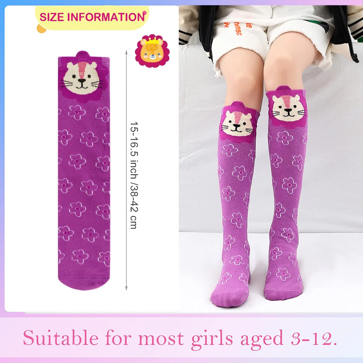 PHOGARY Calzettoni Lunghi per Bambina, 6 Calzetti Carinissimi Animali, Elasticizzato Cotone, 42 cm per 3-12 Anni Ragazze