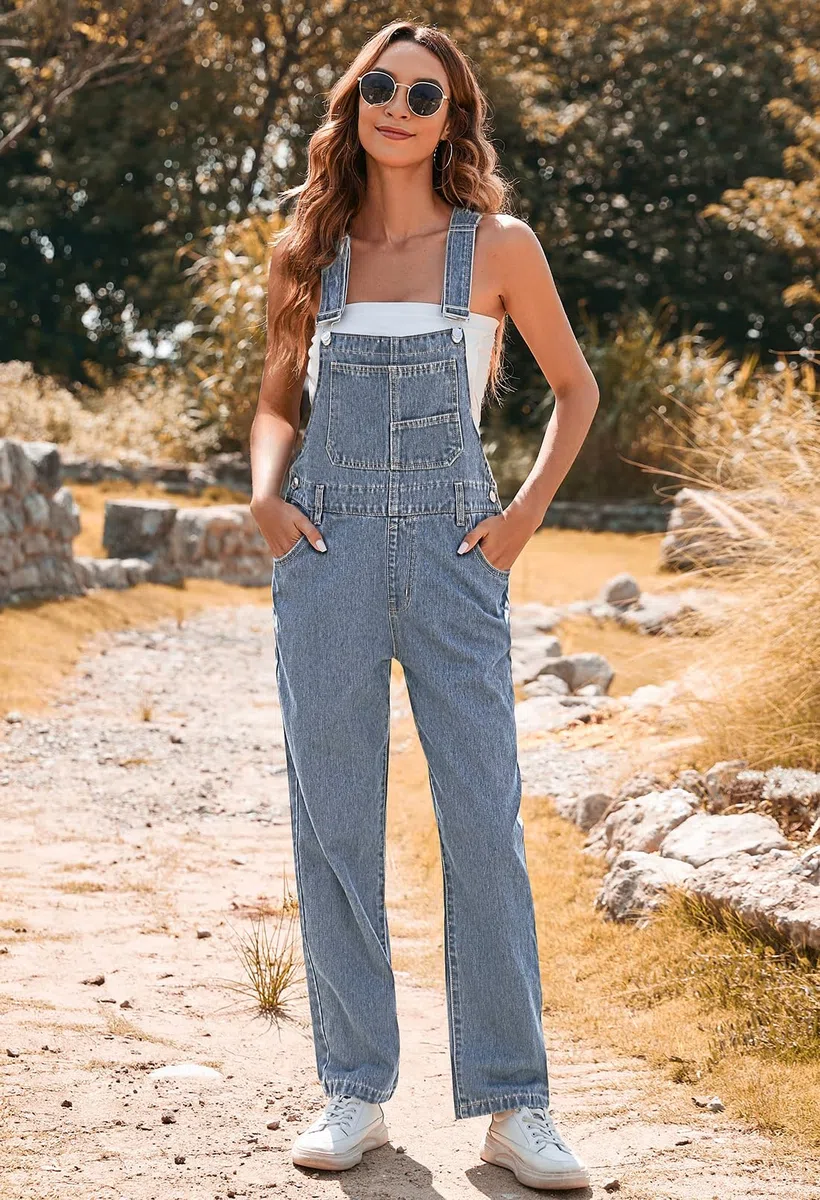 Sovoyontee Salopette da donna estiva, larga, in jeans, con bretelle