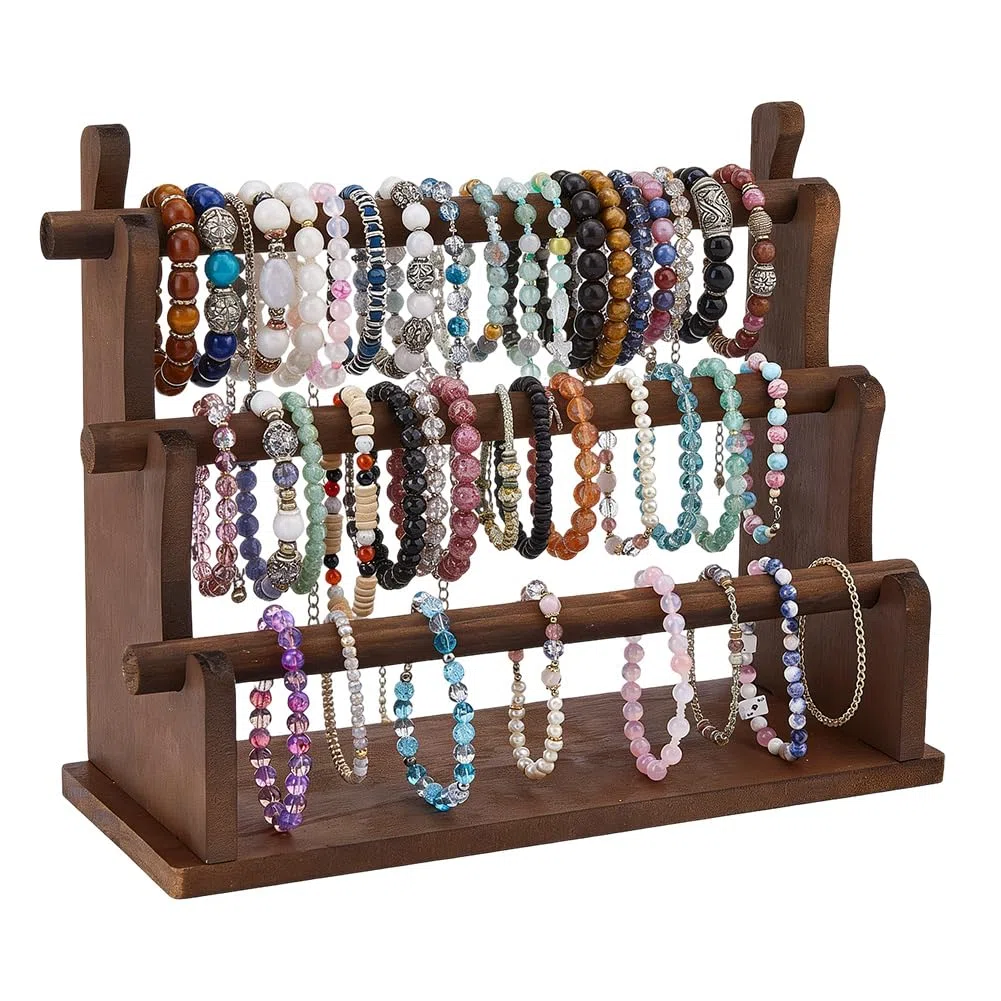 DICOSMETIC Supporto per bracciale in legno a 3 livelli, con supporto in legno, organizer per braccialetti, scrunchies, organizer per gioielli, display per casa, rivenditore e affari
