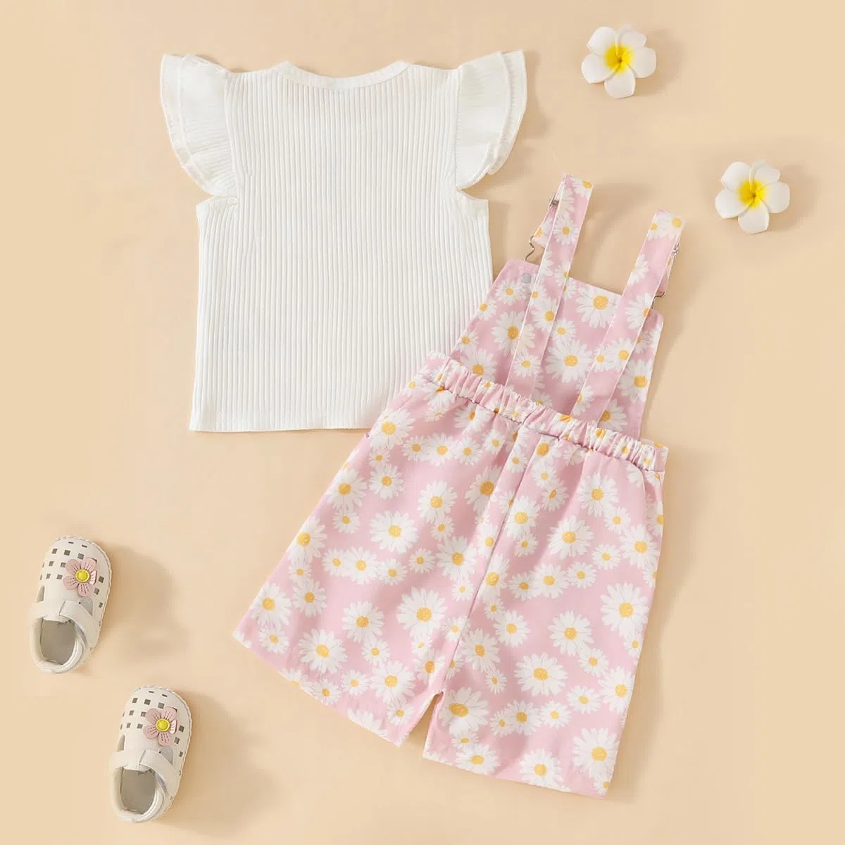 Vestito estivo per bambina, con maniche a volant + pantaloncini a margherite, grazioso set di vestiti per bambini
