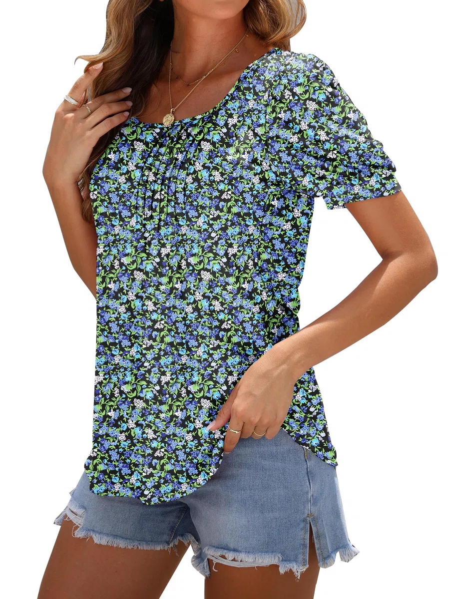 WNEEDU T Shirt Donna Collo Quadrato Magliette Donna Manica Corta a Sbuffo Estive Top Camicia Elegante Plissettata Fluide Tunica Blusa