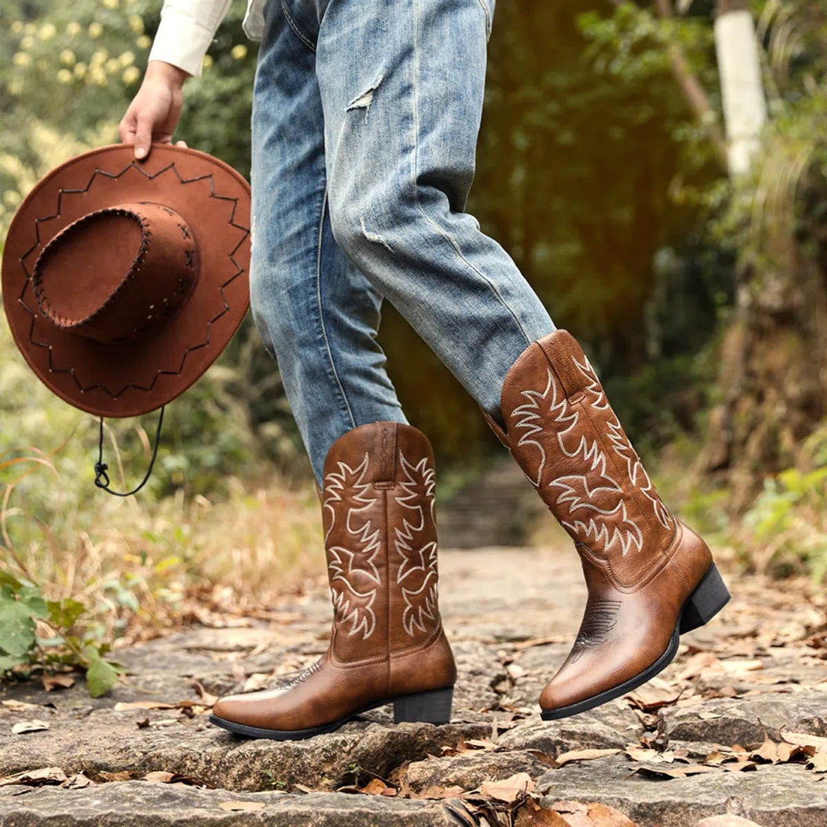 ANUFER Uomo Elegante Ricamato Stivali da Cowboy Occidentale Tacco a Punta Antiscivolo Stivali a Metà Polpaccio SN071164