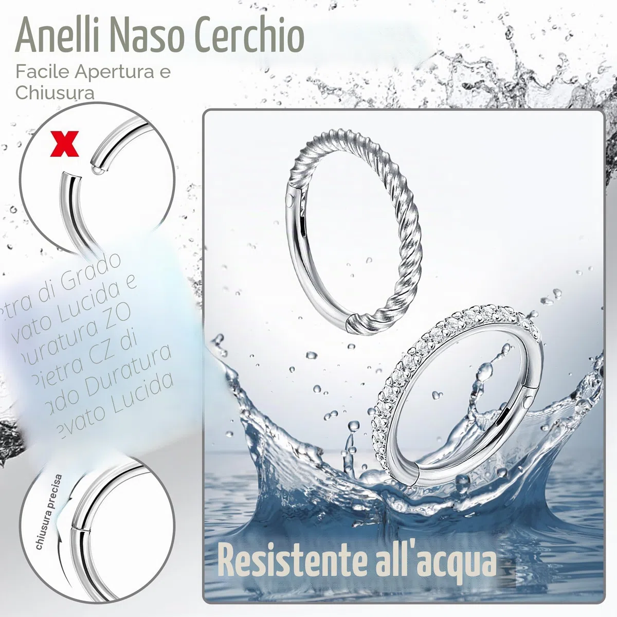 Diamday 5 Pezzi di Piercing al Naso in Acciaio Chirurgico 18G 16G per Donne Anelli a Forma di Fiocco con Zirconia Anelli di Setto Articolati con Chiusura a Scatto Gioielli per Piercing 8mm 10mm