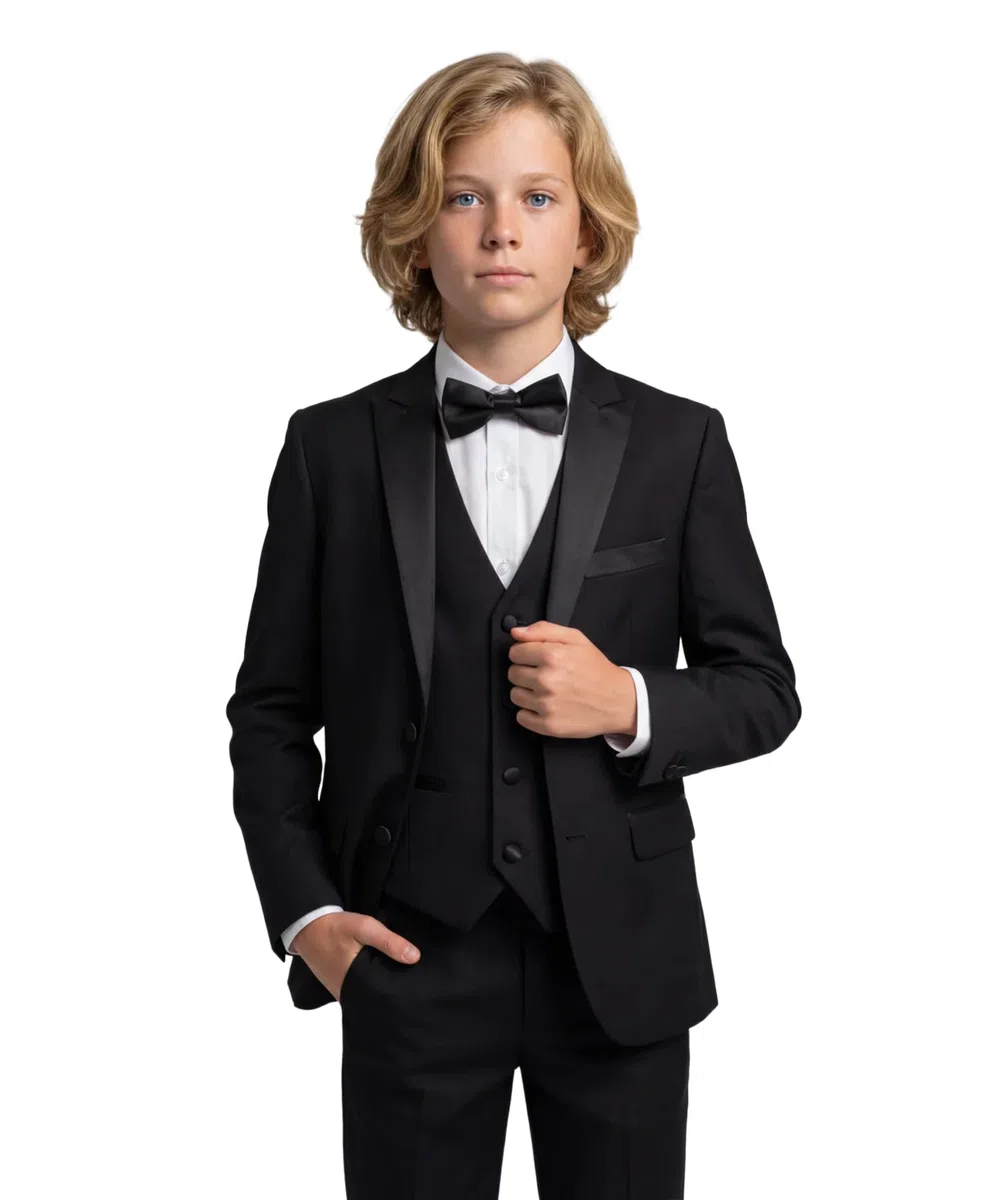 SIRRI Vestito Nero da Smoking per Ragazzi, Pagina Ragazzo, Vestito da Ballo Completo da Matrimonio in 5 Pezzi Taille 7 Anni