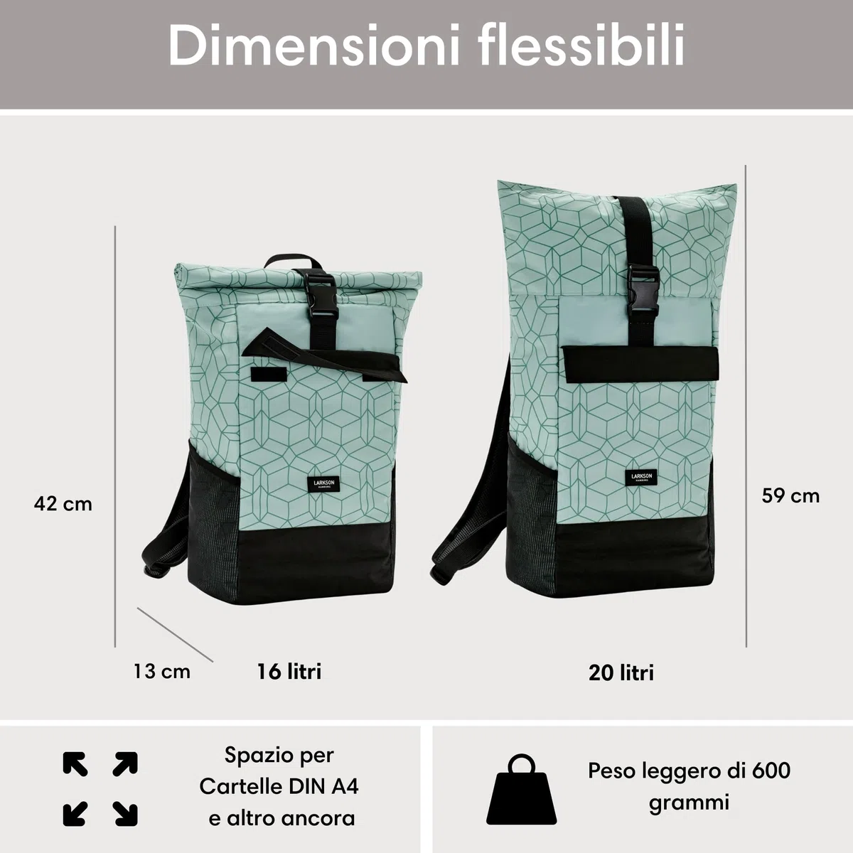 LARKSON Zaino Roll Top Uomo Donna - No 4 - Zainetto per Lavoro, Viaggio, Università - Porta Pc 16 Pollici - Materiale Sostenibile - Impermeabile