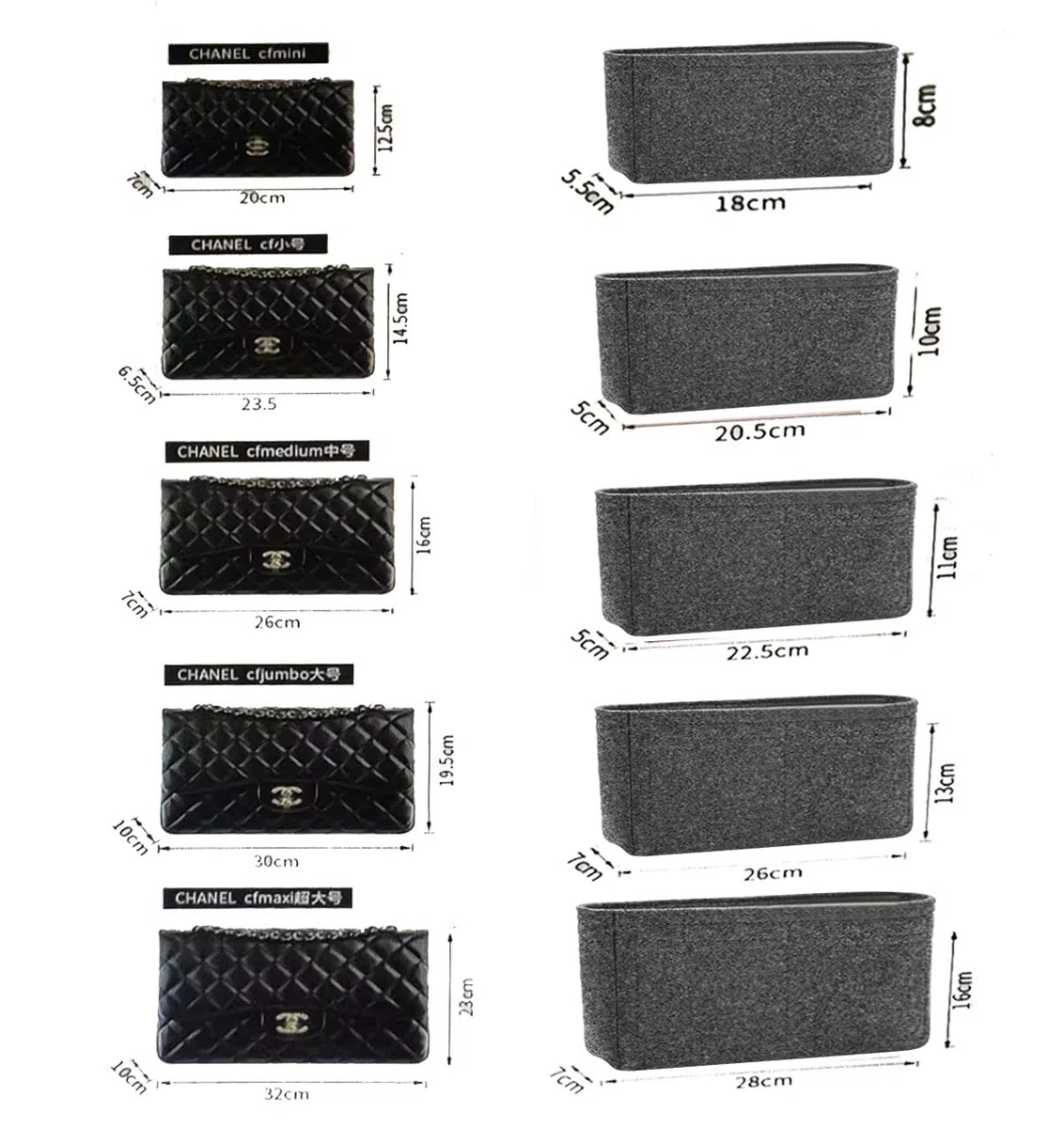 Lckaey Borsa Organizer Inserto per chanel borsa inserto organizer classico patta media borsa organizer senza cerniera 2009lightgray-M