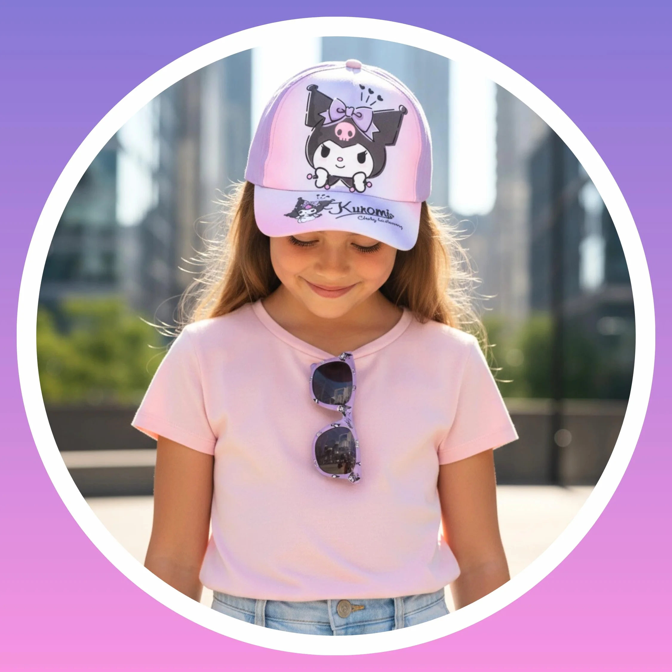 Hello Kitty Kuromi Set da Cappello da Baseball e Occhiali da Sole per Ragazze, Occhiali da Sole con Protezione UV, Berretto per Bambine