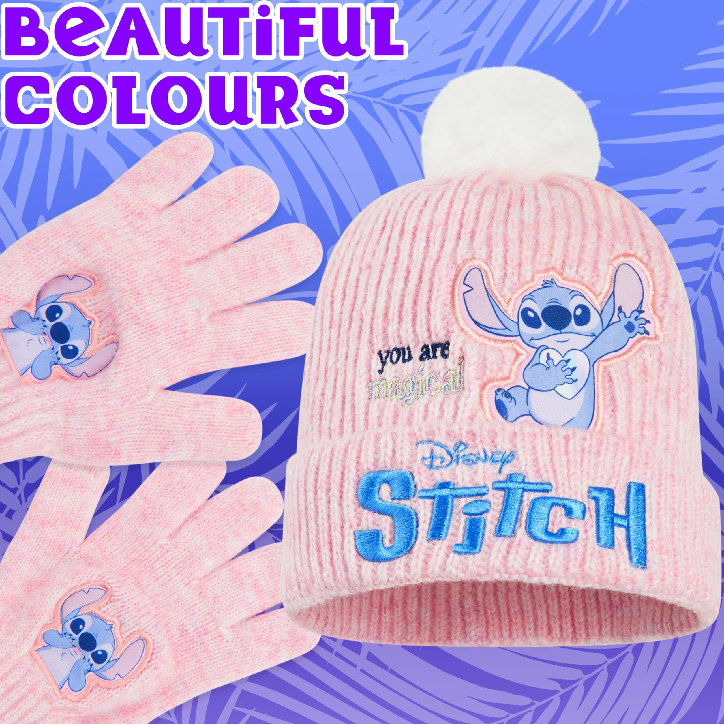 Disney Stitch Accessori Invernali Bambina Adolescenti, 2 Pz Set Guanti e Cappello per Scuola Viaggiare - Regalo Bambino