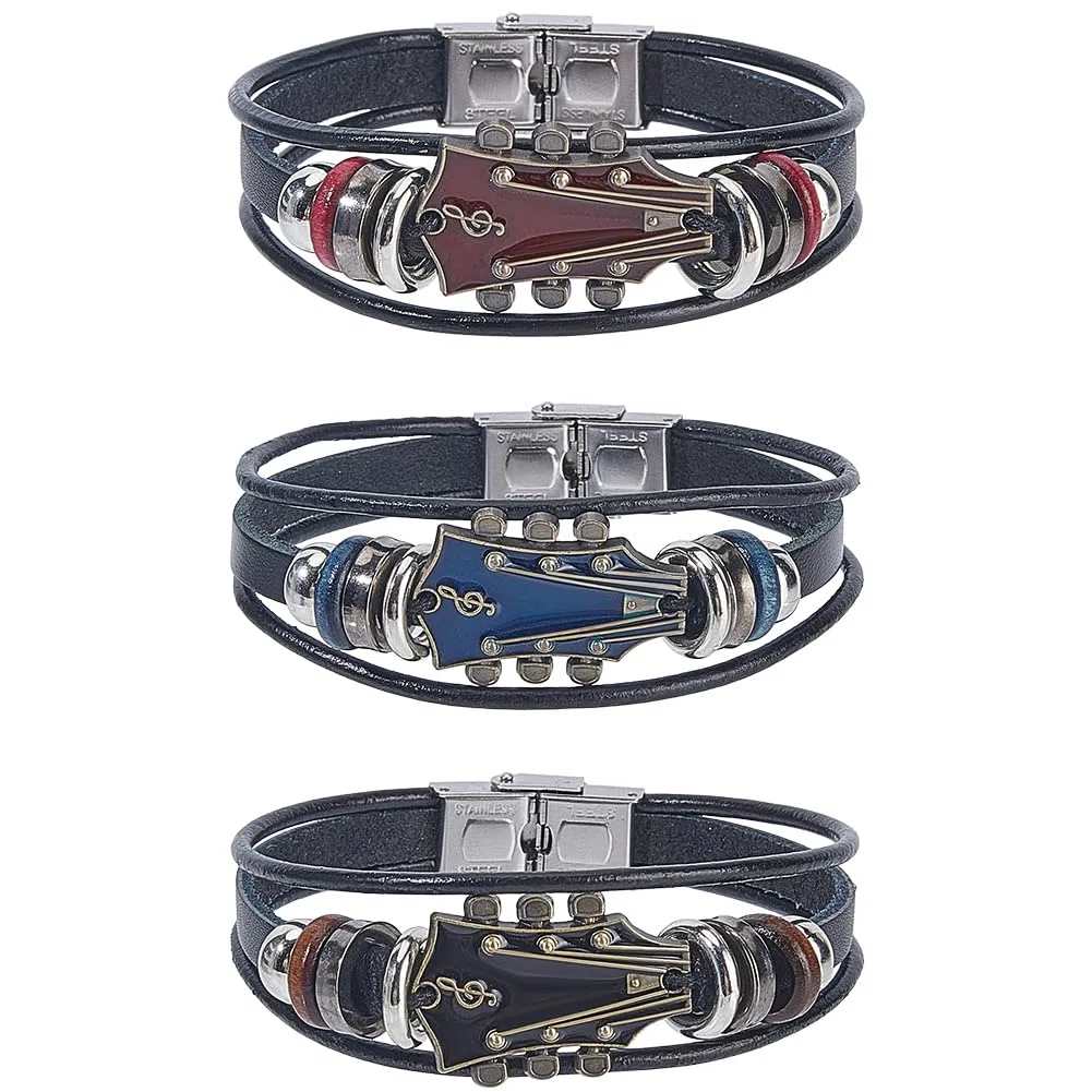 Bracciale Avvolgente in Pelle PU con Chitarra retrò, Stile Punk, Multistrato, Rock, Musica, Etnico, Tribale, Impilabile, Intrecciato, per Uomo, Regalo per Appassionati di Musica