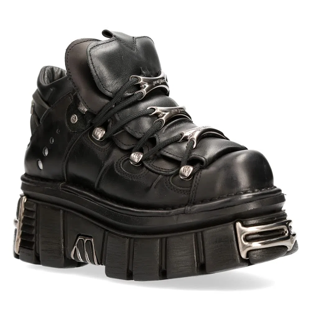 New Rock - Metallic Urban Black Shoes M.106-S112, Scarpe da uomo nere con piattaforma e decorazioni metalliche