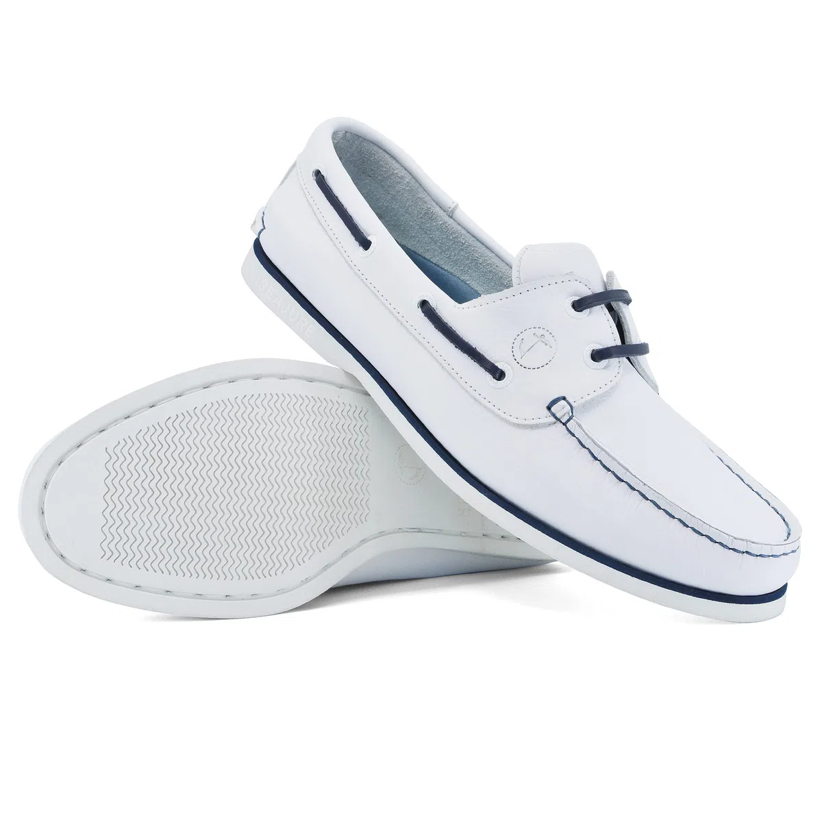 Seajure Scarpe da Barca da Uomo Sauvage in Pelle Bianca e Blu Navy