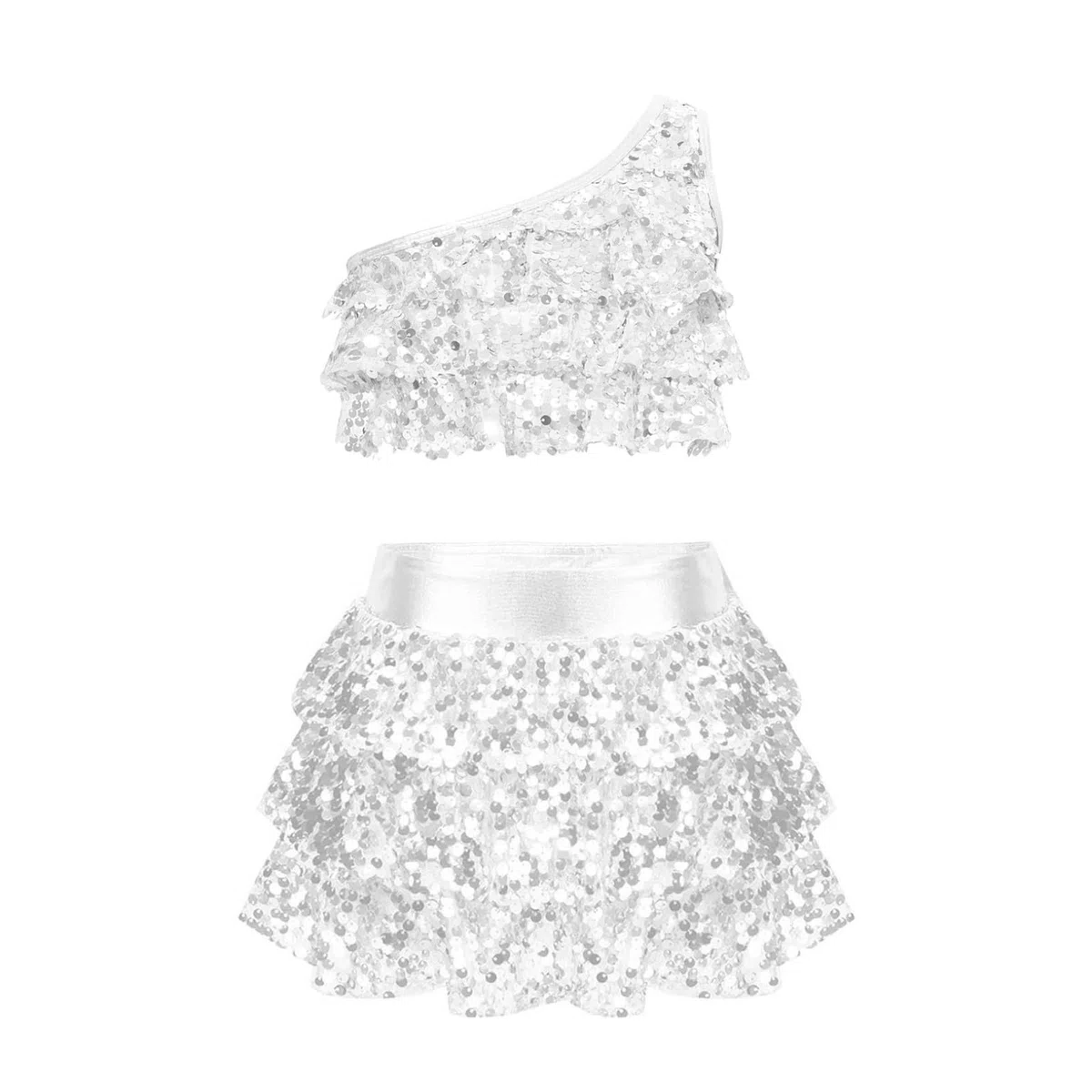 Freebily Vestito da Ballo Bambina Latino Americano Monospalla Abito da Ballo Tango Paillettes Crop Top Canotta + Gonna di Danza Classica Culottes Vestito da Pattinaggio Jazz