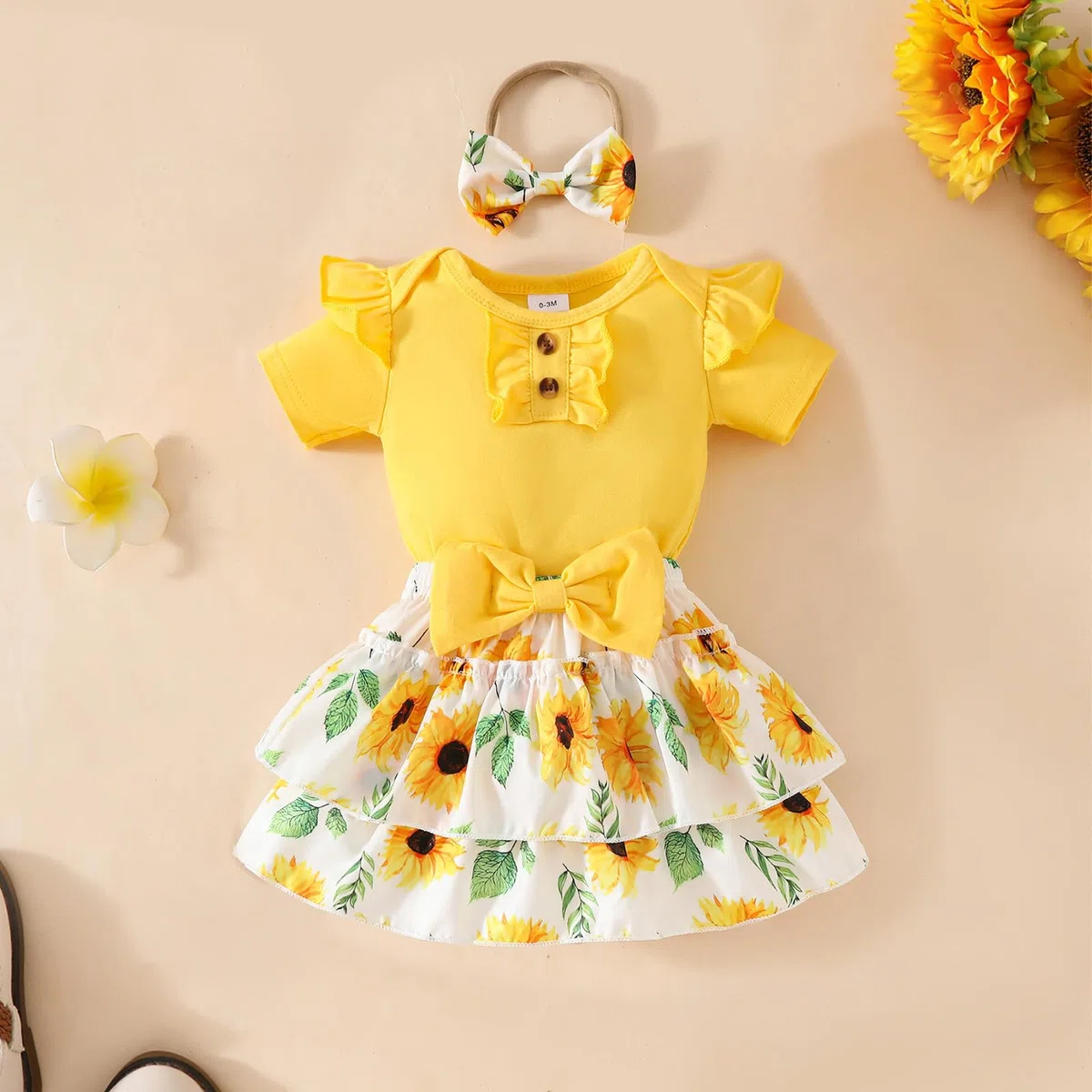 3 Pezzi Abiti Gonna Set per Neonata Top Romper con Volant a Manica Corta + Gonna Stampato con Fascia Completo Set di Vestitini per Neonati