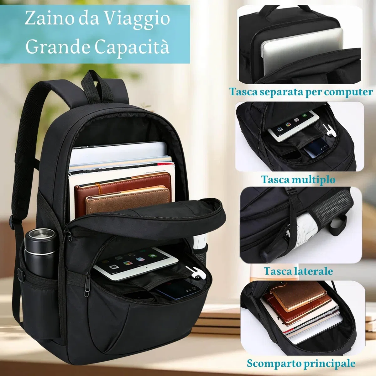 Zaino Da Viaggio, 20-35L Zaino Scuola, Zaino Università Per Laptop Da 18 Pollici, Zaino Uomo, Ideale Per Viaggi, Lavoro, Scuola Ed Escursioni, Per Ragazzi e Ragazze, Nero