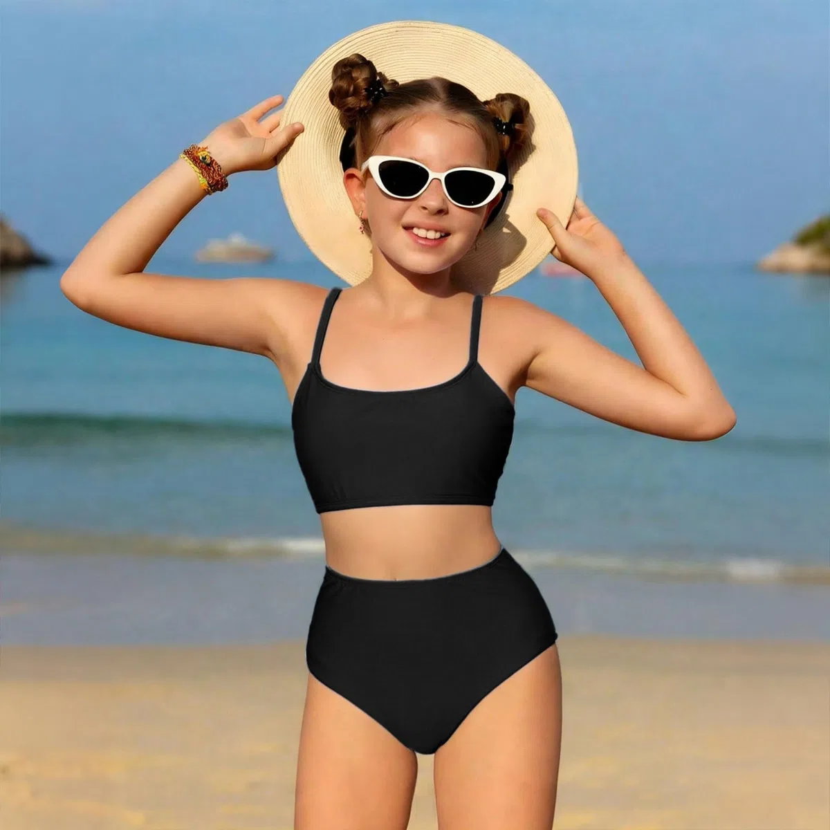 Costume da bagno per ragazze, tinta unita, 2 pezzi, incrociato, spalline regolabili, bikini per ragazze adolescenti con imbottitura sul petto