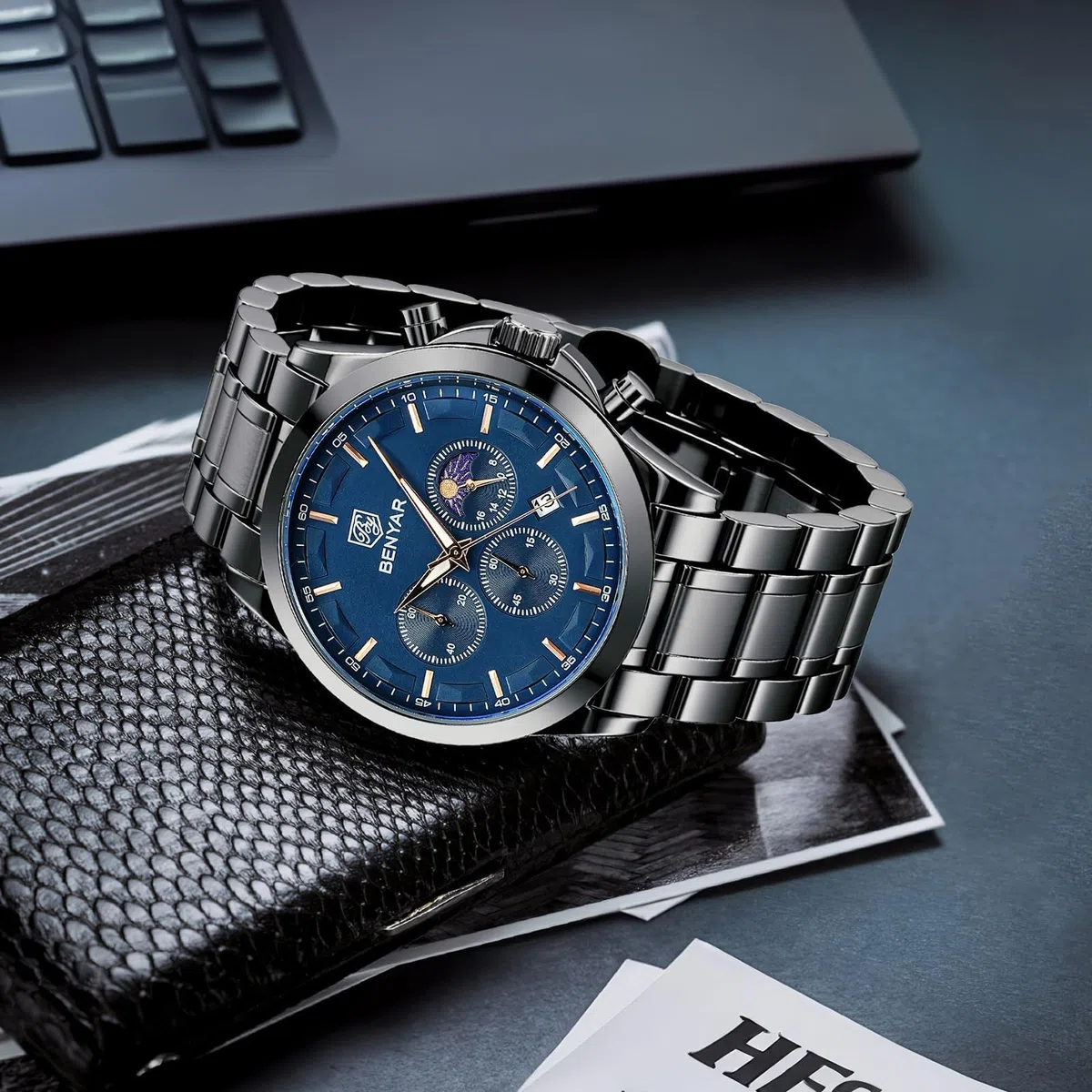 BENYAR BY Orologi da uomo multifunzione cronografo orologio al quarzo per uomo nero acciaio inossidabile/cinturino in pelle analogico orologio da polso regalo casual business