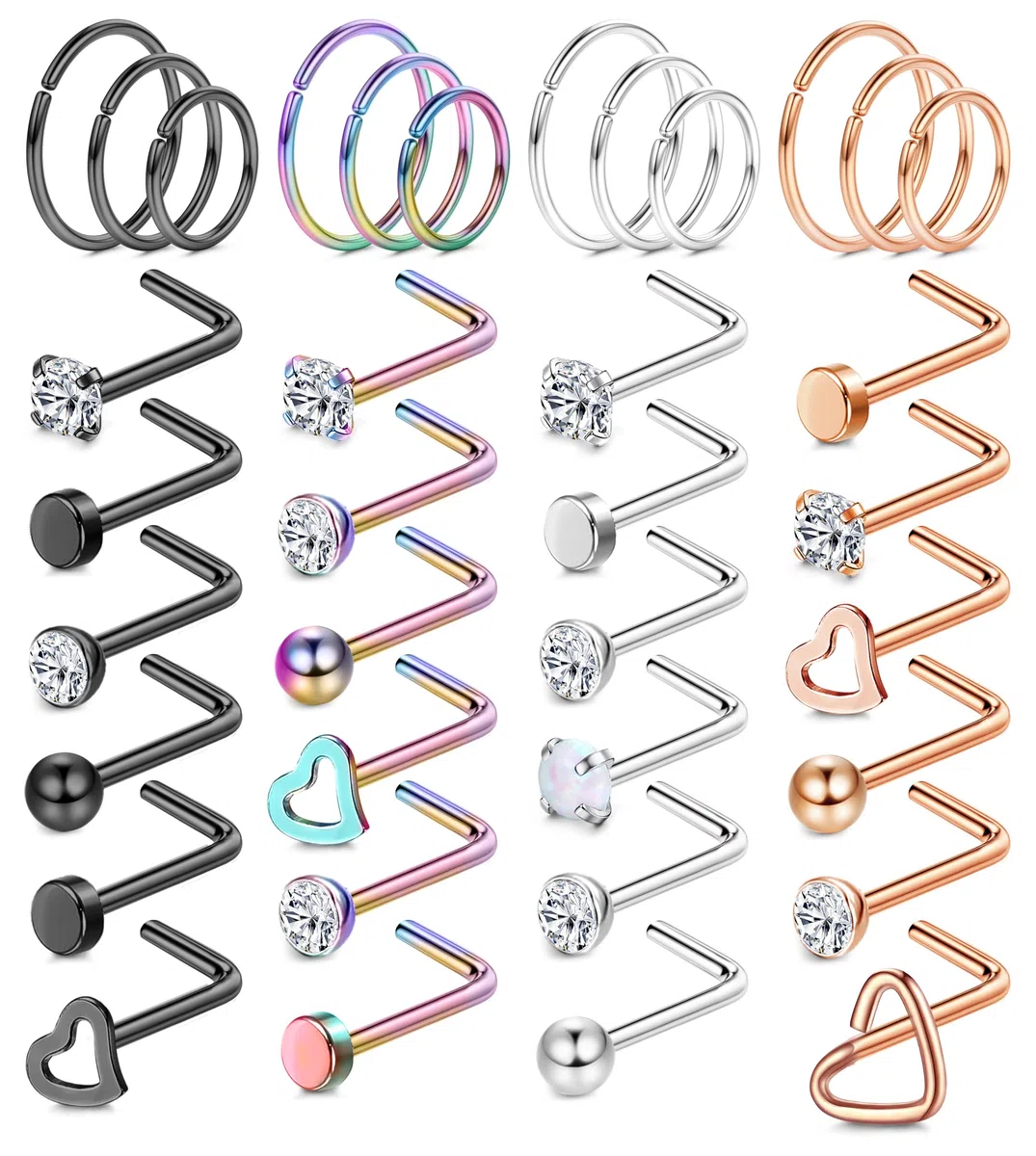 Chriscoco 36Pcs 18G 20G Piercing Naso Acciaio Chirurgico Piercing Naso Cerchio Opale CZ Nostril Piercing Orecchini Naso Argento Naso Anello Piercing Gioielli per Donna Uomo
