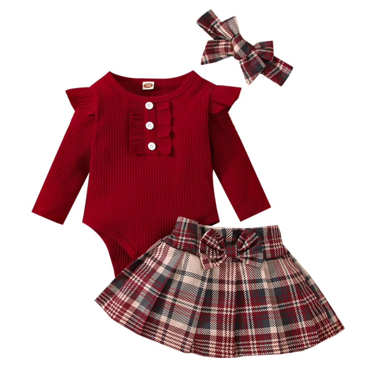 Abiti Gonna Set per Neonata Tutina con Volant a Maniche Lunghe + Gonna Scozzese con Fascia 3 Pezzi Autunnale Set di Vestitini Carini per Neonati
