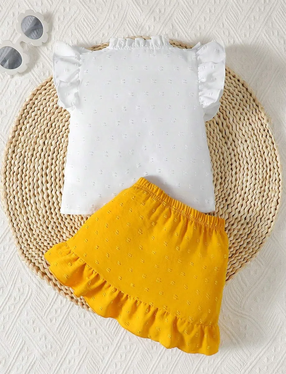 Vestiti Bambina Gonna Set Senza Maniche Volant e Fiocco Davanti Camicia + Elegante a Pois Svizzeri Gonna 2 Pezzi Abbigliamento Estivo per Bambine