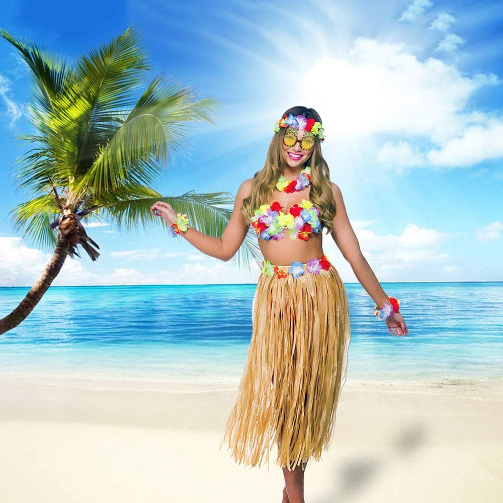 Set Costume Hawaiano ，Hula Gonna in Erba con Fiori Costume Set, Elastico Luau Erba e Hawaiano Fiori Braccialetti, per Hawaiian Decorazioni per Feste